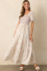 Floating Gardens Cotton Ivory Floral Puff Sleeve Maxi Dress