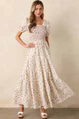 Floating Gardens Cotton Ivory Floral Puff Sleeve Maxi Dress