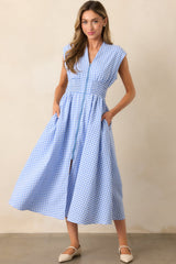 The Evette Blue Gingham Zip Front Midi Dress
