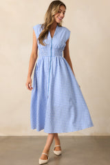 The Evette Blue Gingham Zip Front Midi Dress