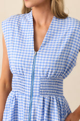 The Evette Blue Gingham Zip Front Midi Dress