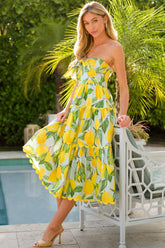 Prosperina Elena Blue Lemon Print Linen Strapless Midi Dress