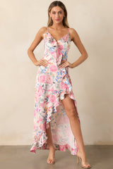 A Springtime Waltz Pink Multi Floral Ruffle Maxi Dress