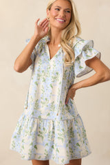 Garden Of Dreams Cotton Blue Flutter Sleeve Mini Dress