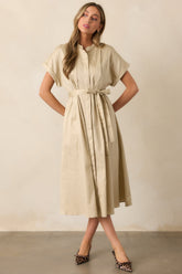 Late Nights Beige Cotton Button Front Midi Dress