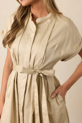 Late Nights Beige Cotton Button Front Midi Dress