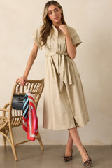 Late Nights Beige Cotton Button Front Midi Dress