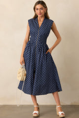 The Evette Navy Polka Dot Zip Front Midi Dress