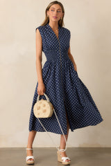The Evette Navy Polka Dot Zip Front Midi Dress