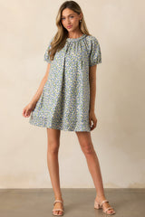 Stories Unfolding Dusty Blue Floral Cotton Mini Dress