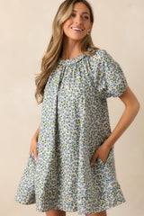 Stories Unfolding Dusty Blue Floral Cotton Mini Dress