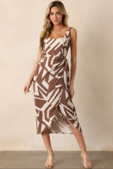 Anything But Ordinary Brown Geometric Print Wrap Midi Dress
