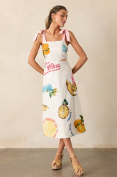 Take A Chance Cotton Ivory Tropical Fruit Print Midi Dress