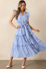 Feeling Free Blue Stripe Cotton Flutter Sleeve Maxi Dress