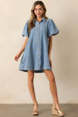 More Or Less Light Wash Cotton Denim Puff Sleeve Mini Dress