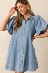 More Or Less Light Wash Cotton Denim Puff Sleeve Mini Dress