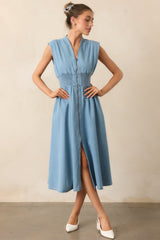 The Evette Light Wash Denim Zip Front Midi Dress