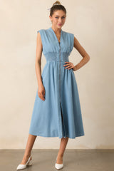 The Evette Light Wash Denim Zip Front Midi Dress
