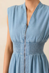 The Evette Light Wash Denim Zip Front Midi Dress