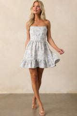 Taking The Lead Light Blue Floral Jacquard Strapless Mini Dress
