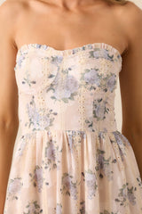 Hidden Gem Periwinkle Floral Embroidered Eyelet Strapless Midi Dress