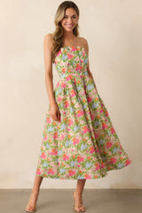 The Genevieve Green Multi Floral Cotton Strapless Midi Dress