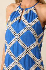 Not So Ordinary Blue Cotton Lace Lattice Halter Mini Dress