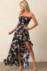 Ever After Deep Navy Floral Jacquard Strapless High Low Dress