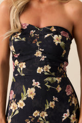 Ever After Deep Navy Floral Jacquard Strapless High Low Dress