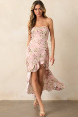 Ever After Light Pink Floral Jacquard Strapless High Low Dress