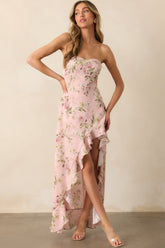 Ever After Light Pink Floral Jacquard Strapless High Low Dress