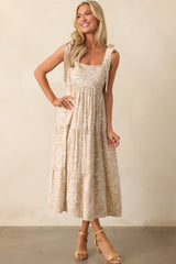 Stay A Little Longer Beige Tropical Print Tiered Midi Dress