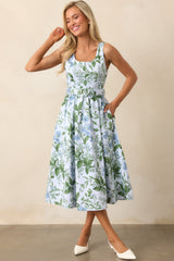 Ava Blue Lilacs Botanical Print Cotton Belted Midi Dress