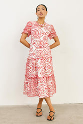 Alena Eyelet Lace Dress in Red