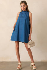 Simple Life Dark Wash Chambray Cotton Mini Dress