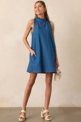 Simple Life Dark Wash Chambray Cotton Mini Dress