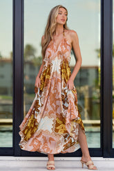 All Roads Lead Here Pink Coral Patchwork Print Maxi Dress