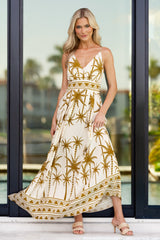 Found My Happy Place Tan Tropical Print Open Back Maxi Dress