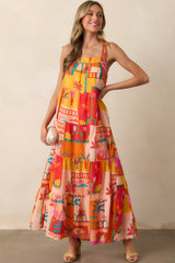 Seaside Soiree Orange Tropical Print Cotton Maxi Dress
