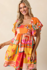 By The Shore Orange Tropical Print Cotton Mini Dress