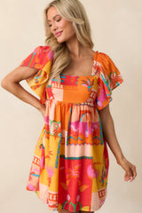 By The Shore Orange Tropical Print Cotton Mini Dress