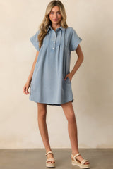 Perfect Afternoon Light Wash Short Sleeve Denim Mini Dress