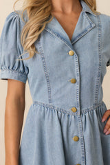 The World Awaits Light Wash Denim Mini Shirt Dress