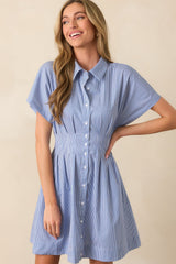 No Timeline Blue Stripe Cotton Pleated Mini Shirt Dress