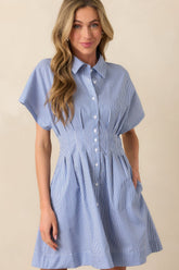 No Timeline Blue Stripe Cotton Pleated Mini Shirt Dress