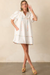 Take Another Look White Multi Floral Trim Cotton Mini Dress