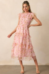 Sunrise Soiree Pink Floral Flutter Sleeve Midi Dress