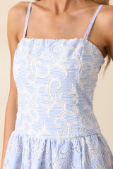 The Space Between Blue Stripe Embroidered Eyelet Maxi Dress