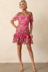 A Work Of Art Magenta Pink Floral Embroidered Mini Dress
