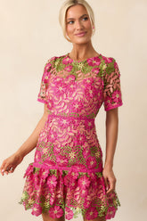 A Work Of Art Magenta Pink Floral Embroidered Mini Dress